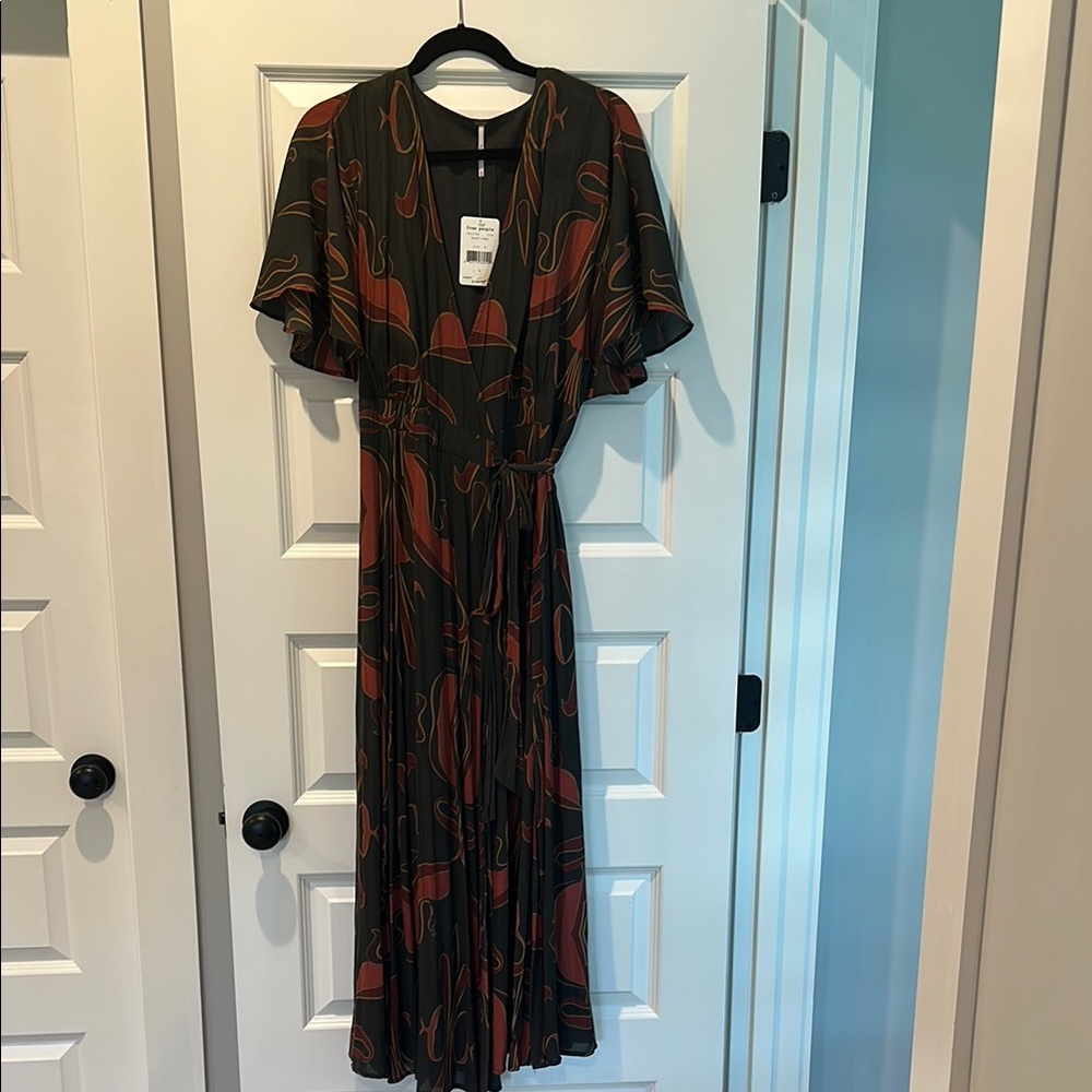 Free People Black and Brown Maxi Dress with Flutter Sleeves